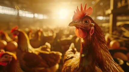 Aufkleber - A group of chickens pecking at grain inside a rustic barn