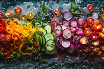 Fototapete - table with bowls of different types of food, rainbow of fresh vegetables in refreshing ceviche