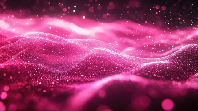 Glowing pink particles form wave-like patterns in an abstract digital background, evoking a sense of energy and motion.