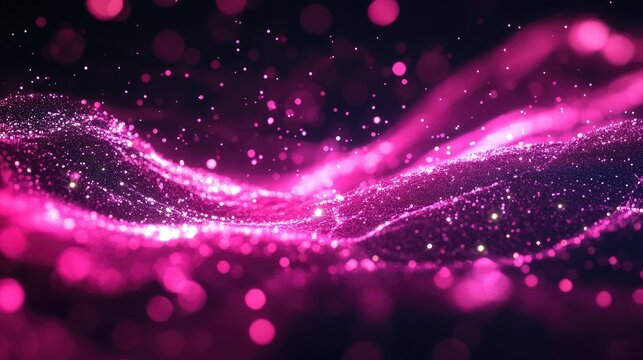 Glowing pink particles form wave-like patterns in an abstract digital background, evoking a sense of energy and motion.