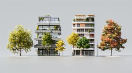 Poster - Photography of city buildings with green trees in front, suitable for use in urban landscape or architecture contexts