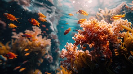 Poster - School of fish swim near colorful coral reef