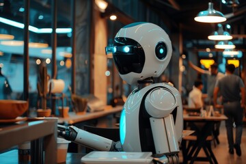 Poster - robot sitting at table in restaurant, robotic ai assistant helping an employee with daily tasks