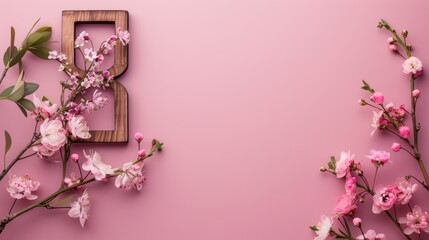 Wall Mural - A pink background adorned with flowers in a wooden frame