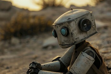 Aufkleber - woman looking at robot head on camera, robot learns the value of empathy in human interactions