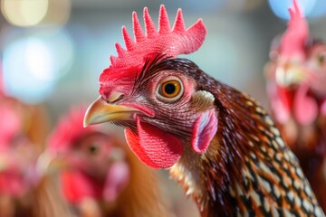 Sticker - Close-up shot of a rooster's head with other chickens in the background, great for farm-themed designs or poultry-related content