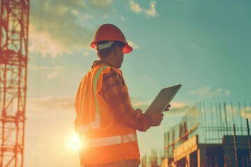 Wall Mural - A construction worker holds a tablet on a building site, showing attention to detail and technology integration