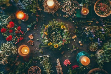 Poster - A decorative arrangement of flowers and candles on a table