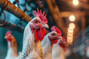 Poster - A group of chickens standing next to each other, possibly in a farm or backyard setting