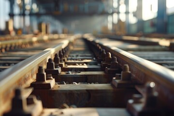 Poster - A close-up view of a train track leading into a nearby building, with a industrial or urban setting