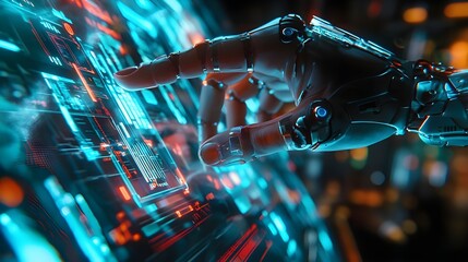 Poster - a close-up shot of a human finger and a robotic finger interacting with a transparent touch screen d