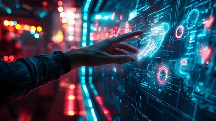 Poster - a dramatic image of a human hand and a robot's hand touching a glowing, interactive panel.