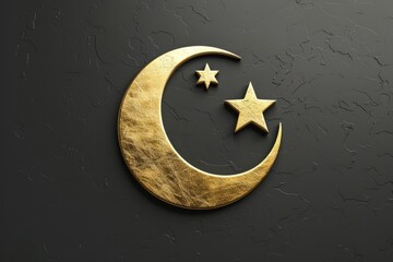 Aufkleber - A golden crescent moon and five-pointed star icon on a dark, matte black background