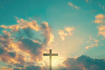 Poster - A simple cross sits atop a hill, surrounded by clouds in the sky
