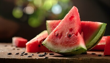 A slice of juicy watermelon on a table, showcasing its fresh, red, and sweet nature