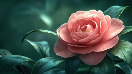 Wall Mural - A beautiful 3d camellia bloom with blur background