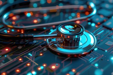Poster - A stethoscope resting on a circuit board, often used in medical settings where electronics and acoustic instruments intersect