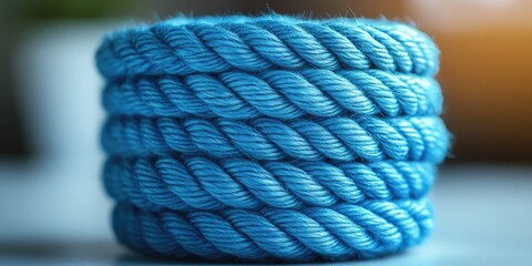 Poster - Close-up of a Stacked Blue Rope with a Blurred Background