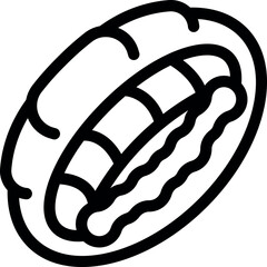 Poster - Simple black and white vector icon of a hot dog in a bun with mustard
