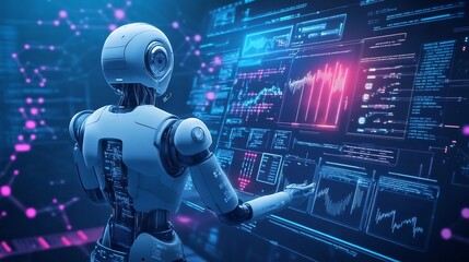 A humanoid robot interacts with a futuristic digital interface.