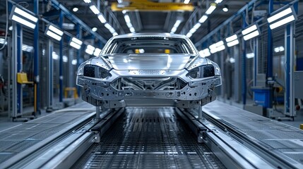 Wall Mural - A detailed view of a car frame being assembled in a modern, high-tech automotive factory with bright overhead lights illuminating the production process.