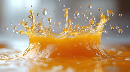 dynamic splash of vivid orange juice erupting into a crownlike formation glistening droplets and swirling liquid strands capture the essence of freshness against a crisp white background