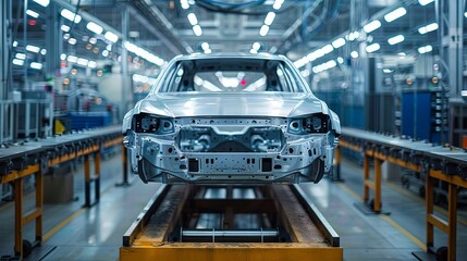 Wall Mural - A car chassis is displayed in detail on a state-of-the-art production line, highlighting the precision engineering and advanced robotics used in the modern automotive factory.