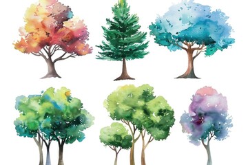 Poster - Four watercolor trees on a white background