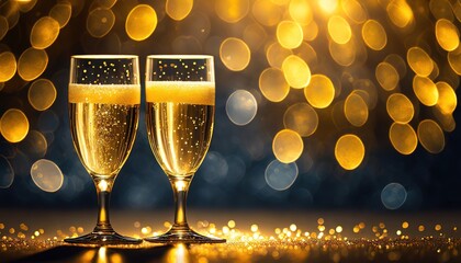 Two champagne glasses filled halfway, standing side by side with golden bubbles, set against a bokeh-lit background, perfect for celebrations