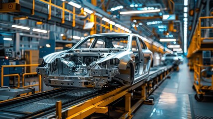 Canvas Print - This image captures a car chassis mounted on an elevated section of an assembly line in a modern and automated vehicle manufacturing facility with extensive machinery.