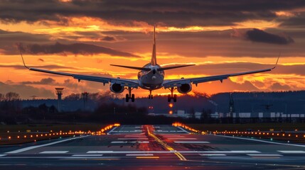 Poster - Airliner landing at sunset, aeronautical scene