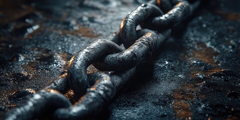 Poster - Close-up of a Wet Metal Chain on a Rough Surface