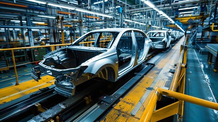 Wall Mural - An angled view of an automotive body shell moving through a modern production line in a factory, showcasing high-tech manufacturing processes and precision engineering.