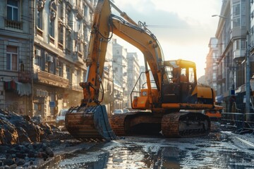 Wall Mural - A large yellow excavator sitting on a dirty street, suitable for use in environmental or construction-related contexts