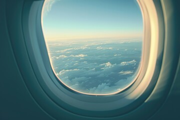 Aufkleber - A view of the sky from an airplane window with clouds and sunbeams