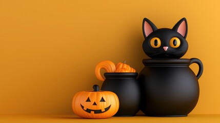 A whimsical Halloween scene featuring a black cat atop a pot, surrounded by pumpkins against a vibrant orange backdrop.