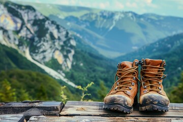 Aufkleber - A pair of boots sits on a wooden table, simple and rustic