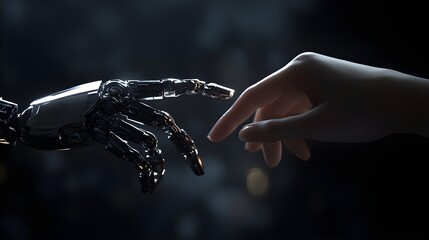 Poster - a captivating image of a human hand and a robotic finger almost touching, set against a sleek, dark 