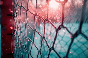 Poster - A close-up view of a chain link fence, with details on the metal mesh and surrounding environment