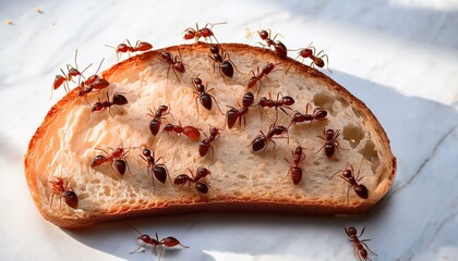 Wall Mural - A close-up photo of numerous insects on a piece of bread, feeding during the cold season and illustrating the bread shortage through large red ants.