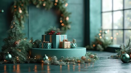 Wall Mural - emerald christmas product display podium adorned with festive ornaments and twinkling lights elegant showcase for holiday promotions in luxurious green tones