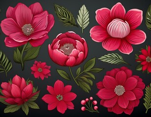 Wall Mural - A collection of ornamental crimson flowers with foliage.