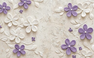 Wall Mural - Peony purple and jasmine white flowers with their lush, layered petals create a luxurious pattern in stucco.