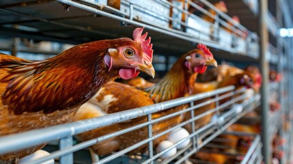 Poster - Group of chickens standing on top of a metal rack
