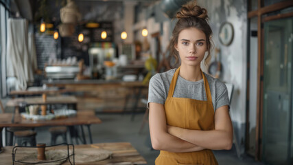 A woman in a yellow apron stands in front of a restaurant with a serious expression. She is wearing a gray shirt and has her arms crossed