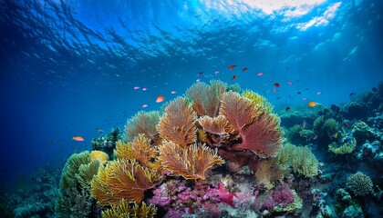 A lively coral ecosystem with an array of vibrant corals and tiny fish secluded.