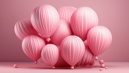 Wall Mural - A pastel pink background features a whimsical 3D illustration of a unique cartoon icon with pink striped balloons.