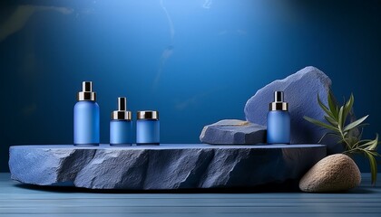 Wall Mural - A platform showcasing cosmetic products on a blue lit wall with natural stone elements and ample room for text.