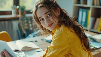 A woman sits at a desk with an open book, focusing on her studies