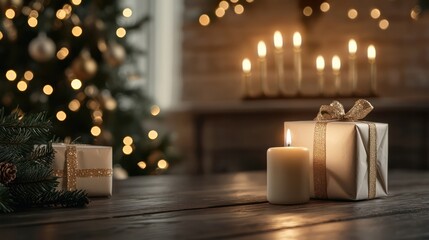 Poster - A Christmas tree with a box of presents and a candle on a table. Scene is warm and festive
